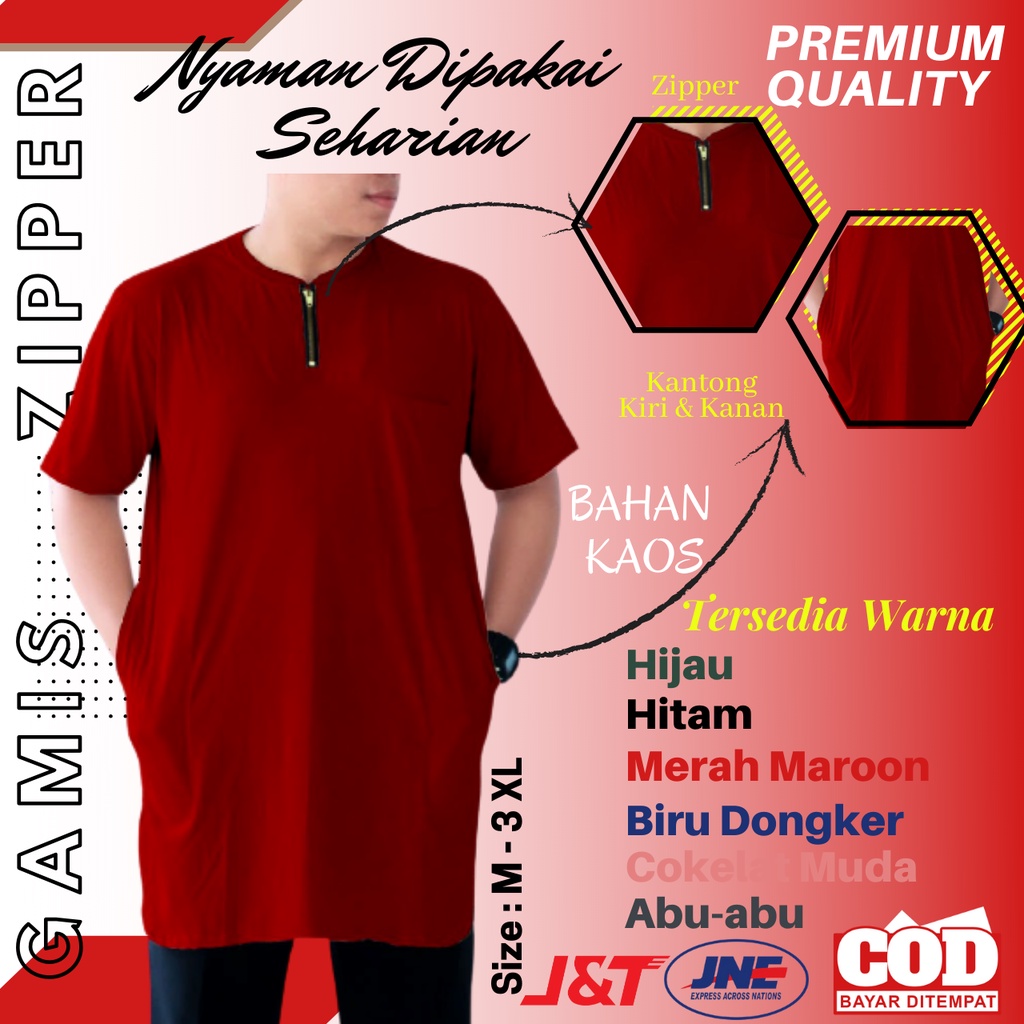 Jual Baju Gamis Koko Kaos AHAD Zipper Kurta Lengan Pendek Pria Laki Laki Dewasa Merah Marun Harga Te