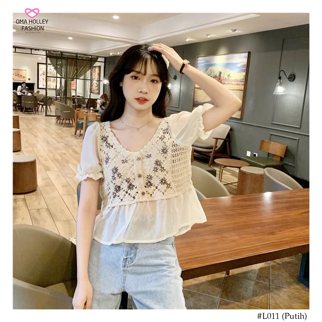 (COD) OH Fashion Korean Blouse Rajut Bordir Lengan Pendek