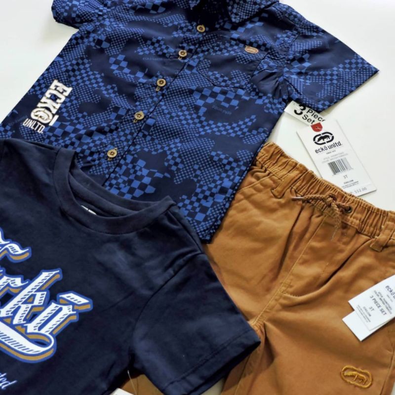 SETELAN ANAK LAKI LAKI 3PCS ORIGINAL ECKO IMPORT BRANDED KEMEJA CELANA CHINOS DAN KAOS TSHIRT PREMIUM BAJU LEBARAN