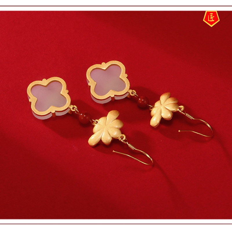 [Ready Stock]Classic Elegant Jade Lotus Tassel Earrings