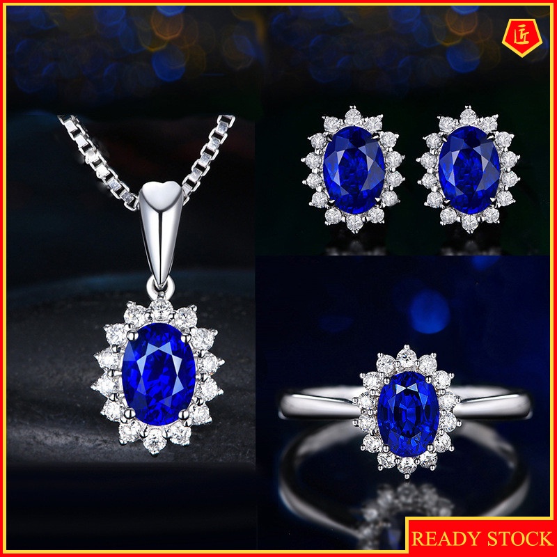 [Ready Stock]Full Diamond Sapphire Necklace Earring Ring Set