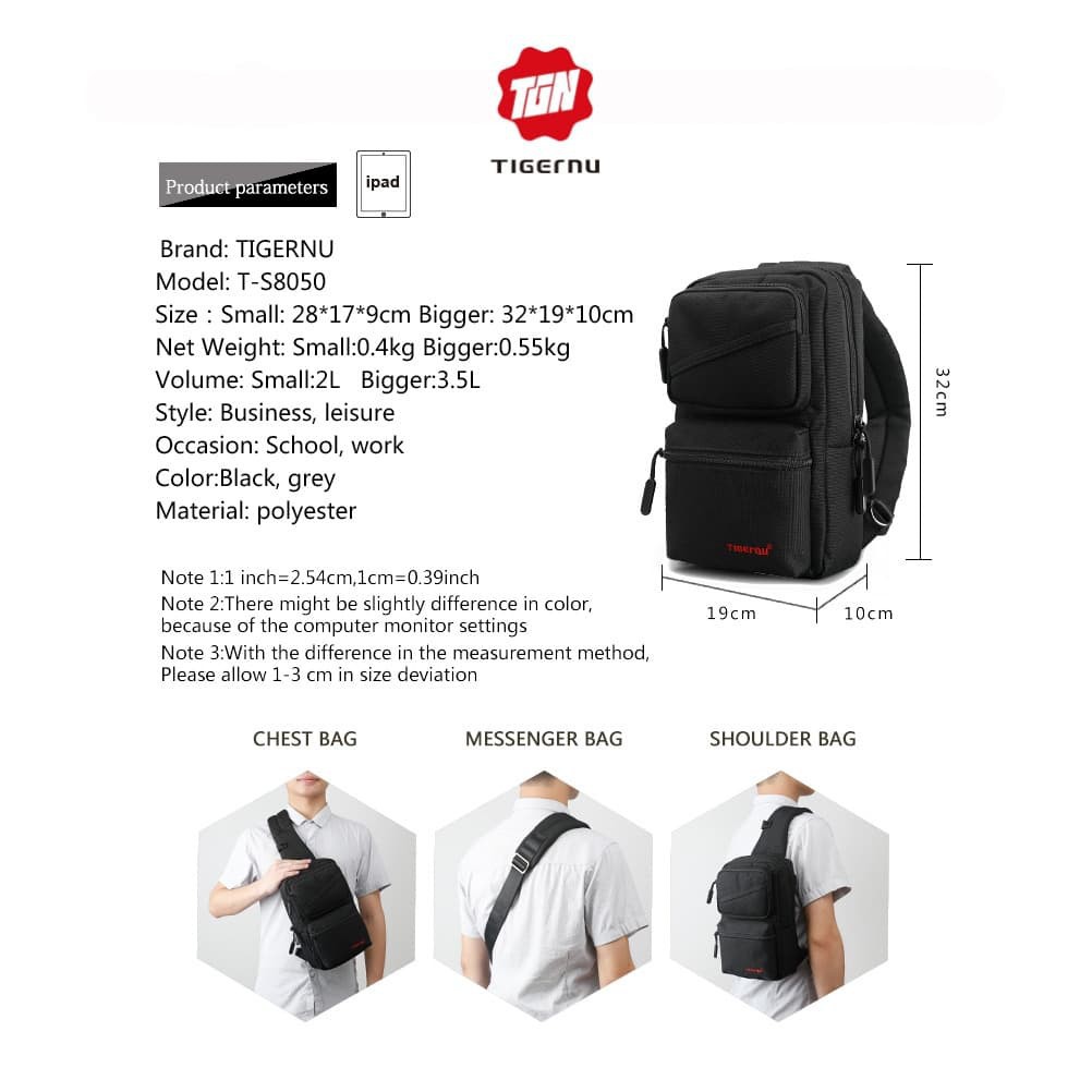 TIGERNU Sling Bag Antitheft/Tas Slempang with Splashproof T-S8050