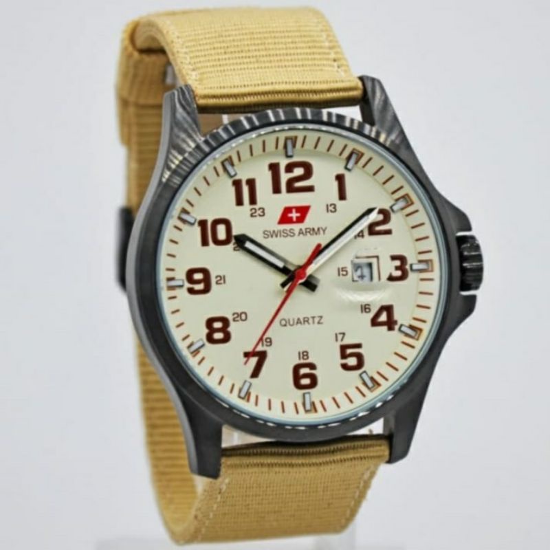 Jam Tangan S-A 945 Original Tali Kanvas - Jam Tangan Pria Original Tali Kanvas Warna Kream