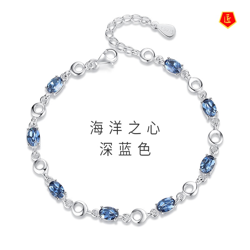 [Ready Stock]Inlaid Sea Blue Topaz S925 Silver Bracelet Female