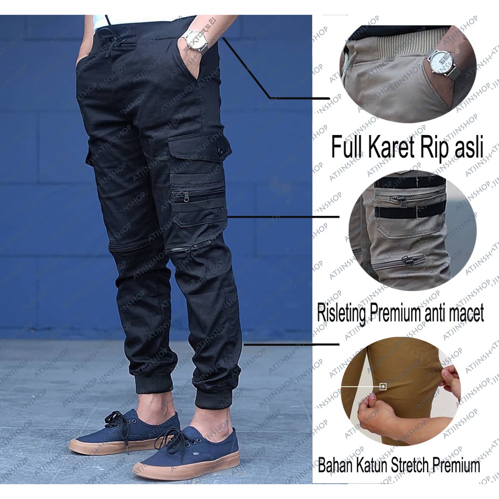 Atjin- Celana Joger Kargo Korea Bahan Twill Tebal Slim Fit [Hitam-Abu-Krem]