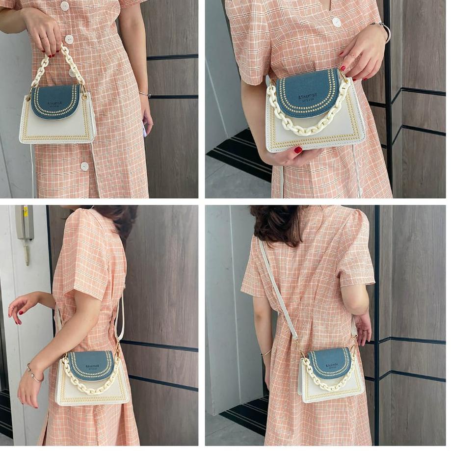 LANGSUNG KIRIM.. TAS SELEMPANG WANITA PESTA KOREA SLING BAG MEWAH IMPORT KULIT PUTIH BIRU RANTAI ABG