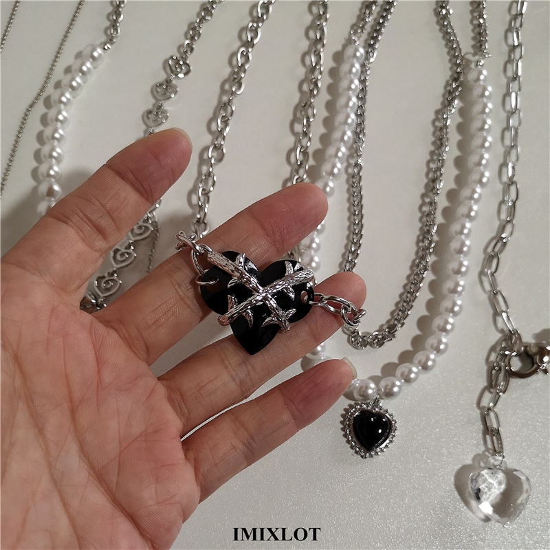 Elegant Heart Cross Tassel Pendant Necklace Pearl Stitching Silver Chain Choker for Women Accessories Jewelry