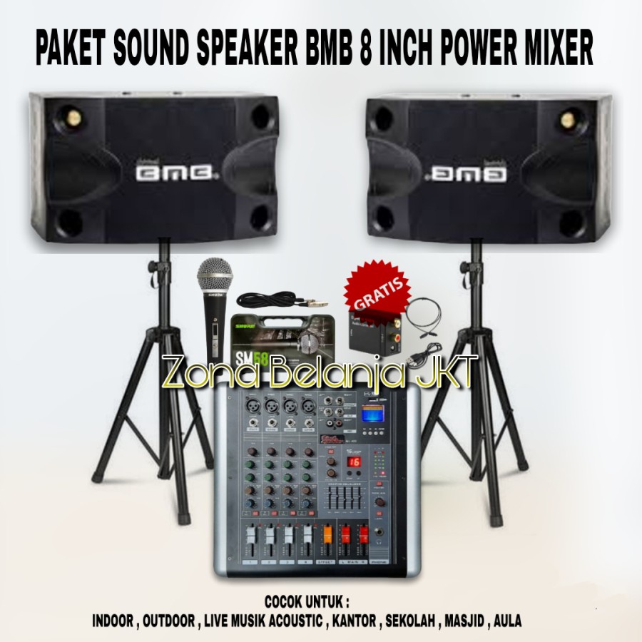 PAKET KARAOKE LIVE MUSIK SOUND SYSTEM BMB SPEAKER 8 INCH POWER MIXER 4 CHANNEL USB BLUETOOTH MIC ORIGINAL ( B-1 )