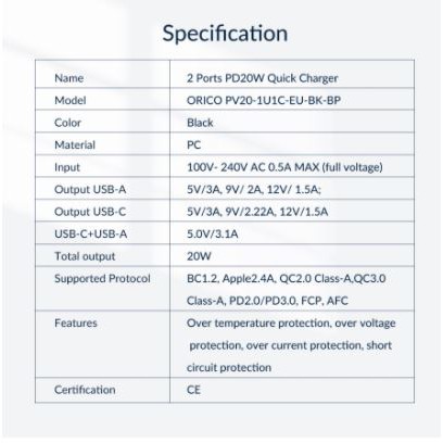 Travel Charger wall orico 2 port Usb-a type-c pd 3.0 3a 20w fast charging for android iphone pv20-1u1c