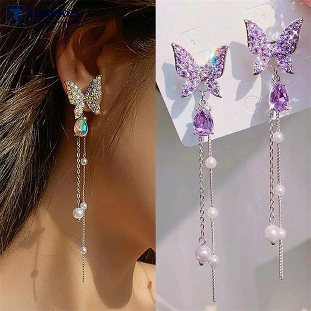 Timekey Anting Tusuk Gantung Desain Kupukupu Hias Zirconmutiara Gaya Simple Kreatif Untuk Wanita L1Y1