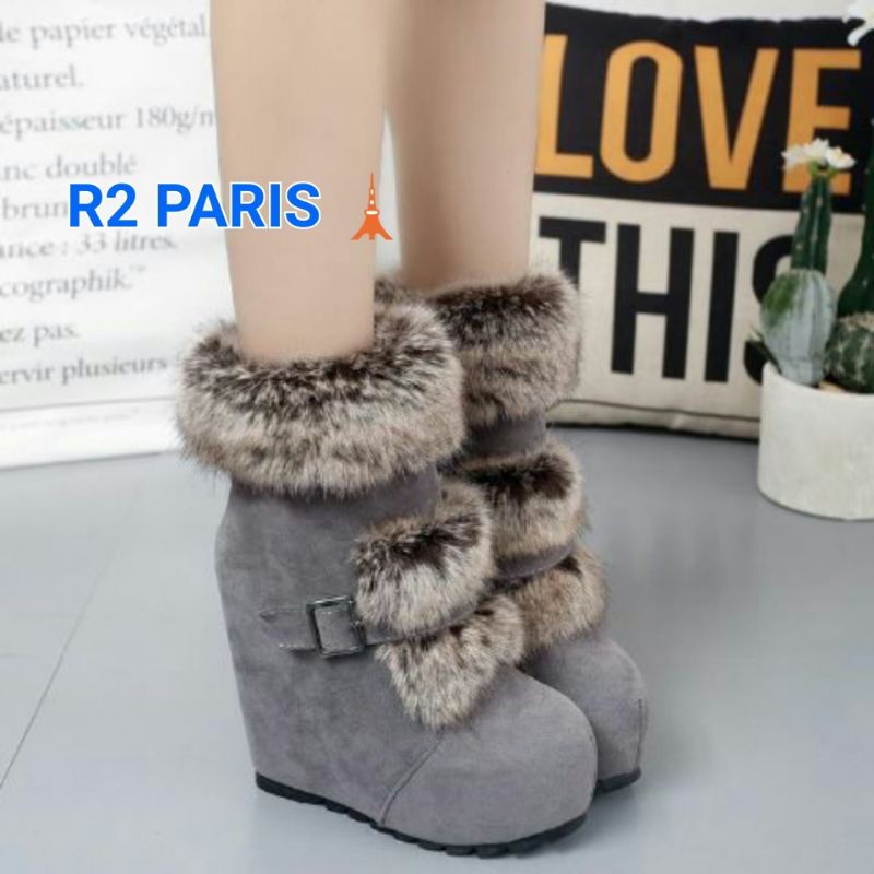 sepatu boot wedges  wanita bulu fashion