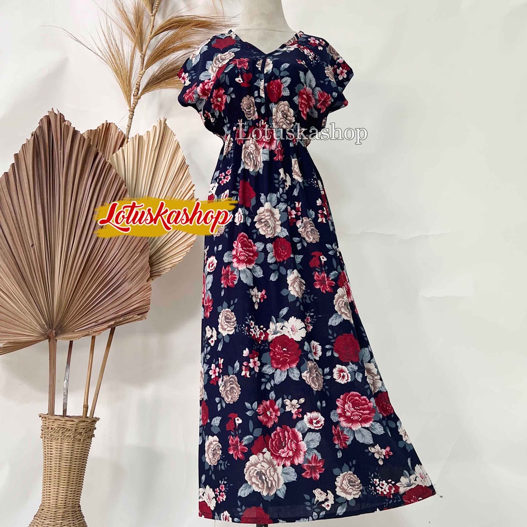 Dress Manohara Bali Panjang Mawar-Mawar Navy