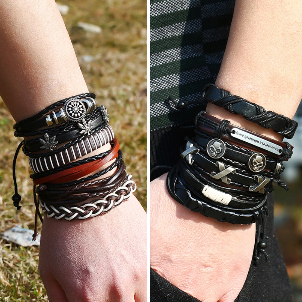 Hu Hu Hu Hu Hu Alat Bantu Pasang Kacamata♡ 6pcs Gelang Tangan Kulit Imitasi Gaya Retro Hip Hop Punk Aksen Tengkorakdaun Untuk Pria