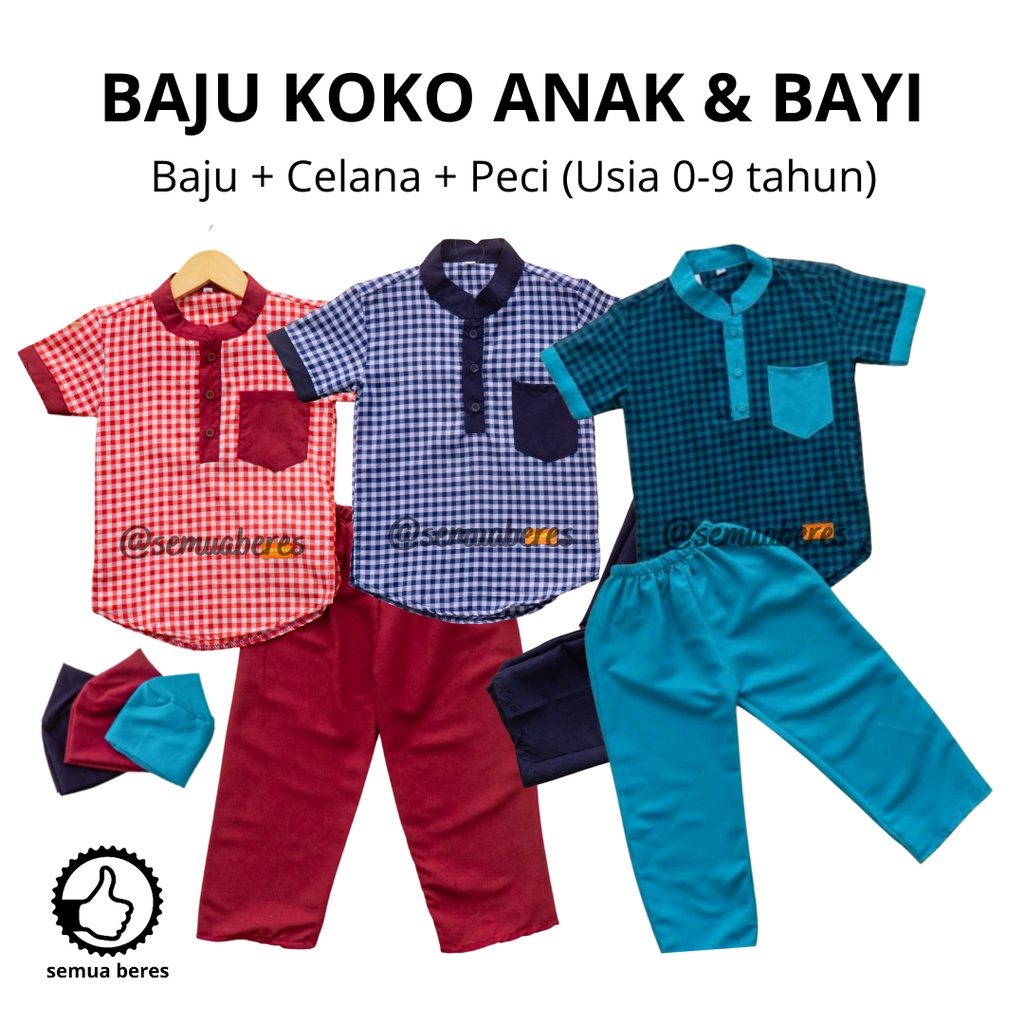 Setelan Baju Koko Anak KOTAK Celana Panjang Peci Set Sarkoci Kemeja Kurta Sarung Polos Kain Katun Laki Cowok Newborn Baby Bayi TK SD Sekolah Madrasah Pesantren Muslim Islam Warna Remaja Kokoh Umur Usia 0 1 2 3 4 5 6 7 8 9 Tahun 10 11 12 18 24 Bulan Salur