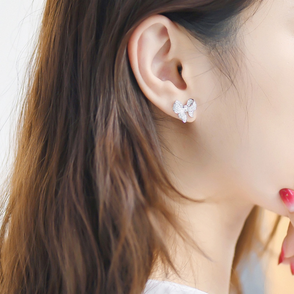 Hu Hu Hu Hu Hu Alat Bantu Pasang Kacamata♡ Anting Tusuk Desain Pita Hias Cubic Zirconia Untuk Wanita