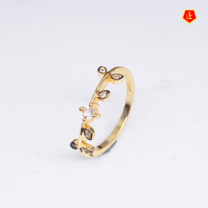 [Ready Stock]Simple Fashion 14K Rose Gold Diamond Leaf Ring