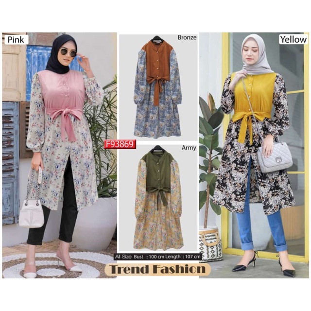 93869 Tunik Flower Nabila bhn kaos suede codoray+crepe print Ld100 p107 fit to L 4wrn