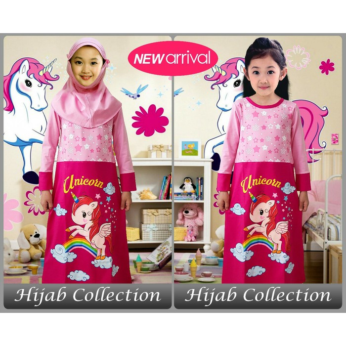 GAMIS /HIJAB Anak Baju Muslim Anak Karakter Motif Unicorn Pelangi"-