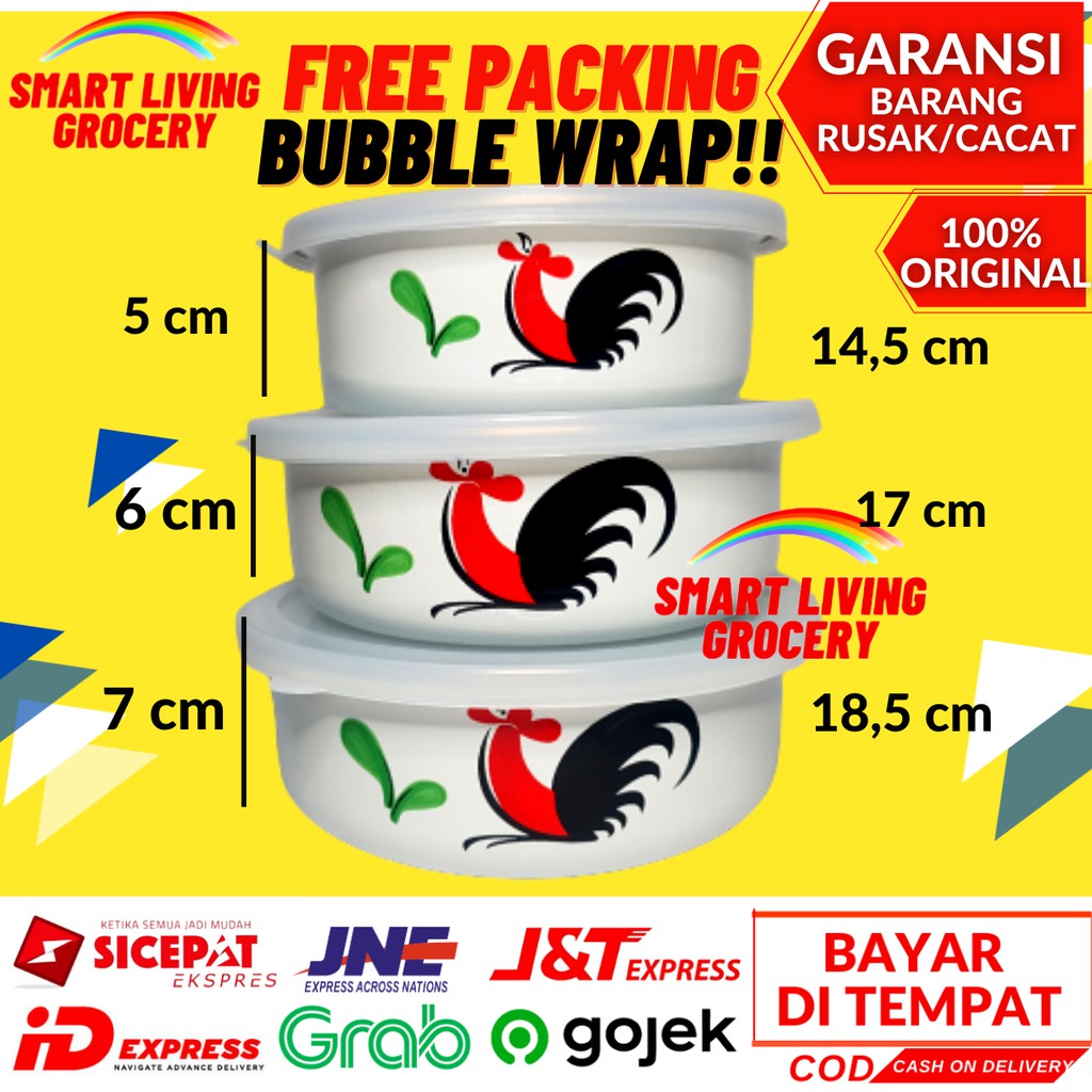 MIXING BOWL 3 SUSUN MANGKOK SAJI PANCI BAHAN ENAMEL MOTIF AYAM JAGO KUKURUYUK SET 3 PCS