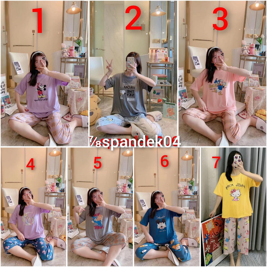 Baju tidur piyama tangan pendek celana tujuh perdelapan bahan spandek import 7/8spandek04