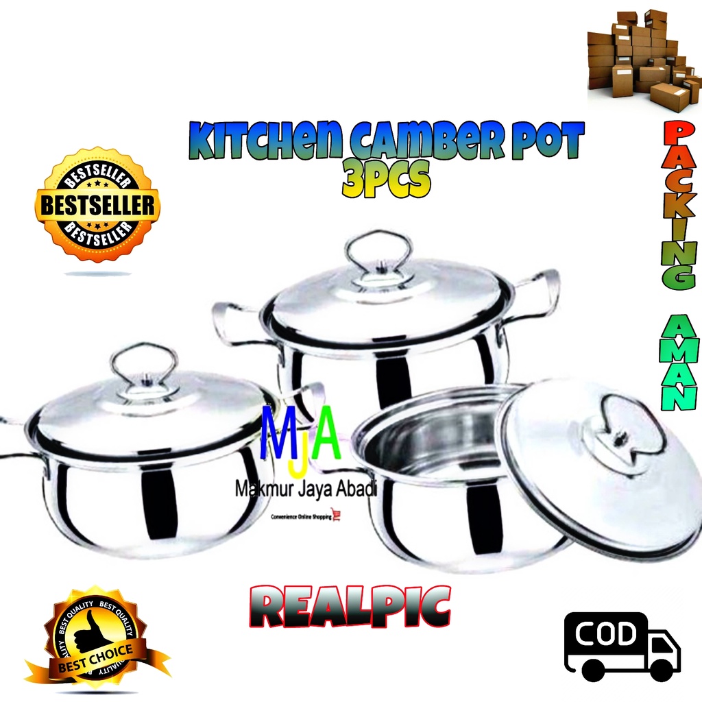 PROMO (BISA COD) Kitchen Stainless Steel Camber Pots 6pcs /  Panci Rebus 3 Set / Panci Sup / Soup Pot / Panci Set Cookware Stainless Steel / Soup Pot Silver Dengan Tutup
