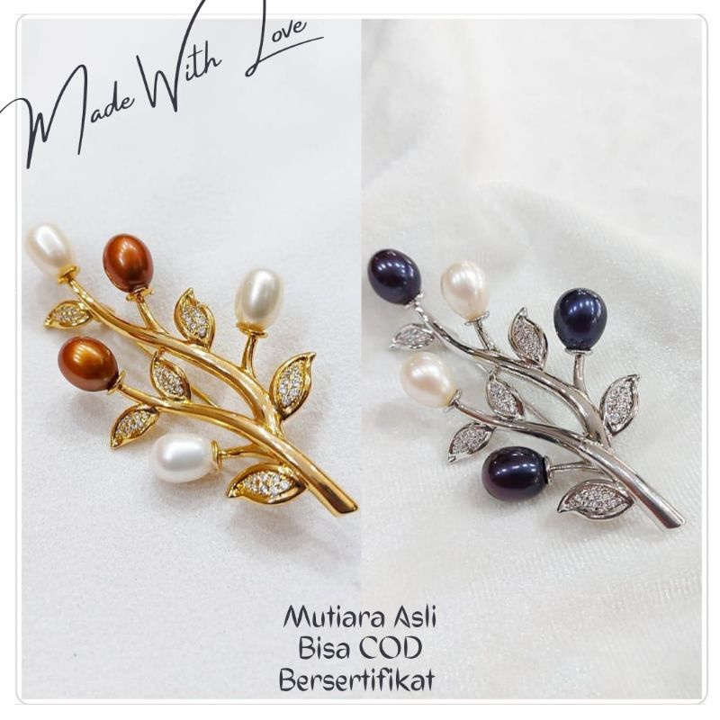 Bros Pesta Mewah Elegan Bunga Daun Kecil Mutiara Asli Lombok