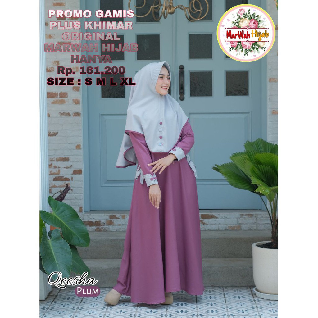 Termurah original gamis marwah hijab qeesha dress plum gamis syari set khimar gamis terbaru syar'i