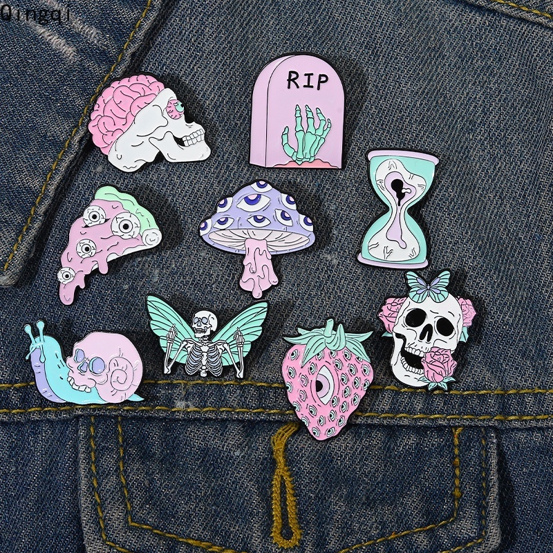 Bros Pin Enamel Desain Kartun Tengkorak Butterfly Siput Strawberry Mawar Untuk Wanita