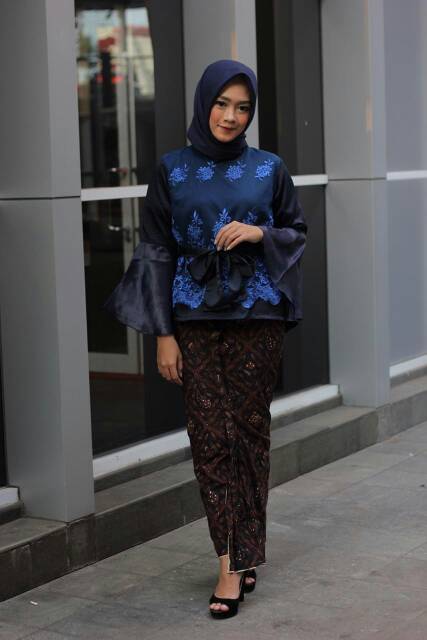Blouse Hijab Tulle Bordir Wanita Biru Dongker M L XL XXL