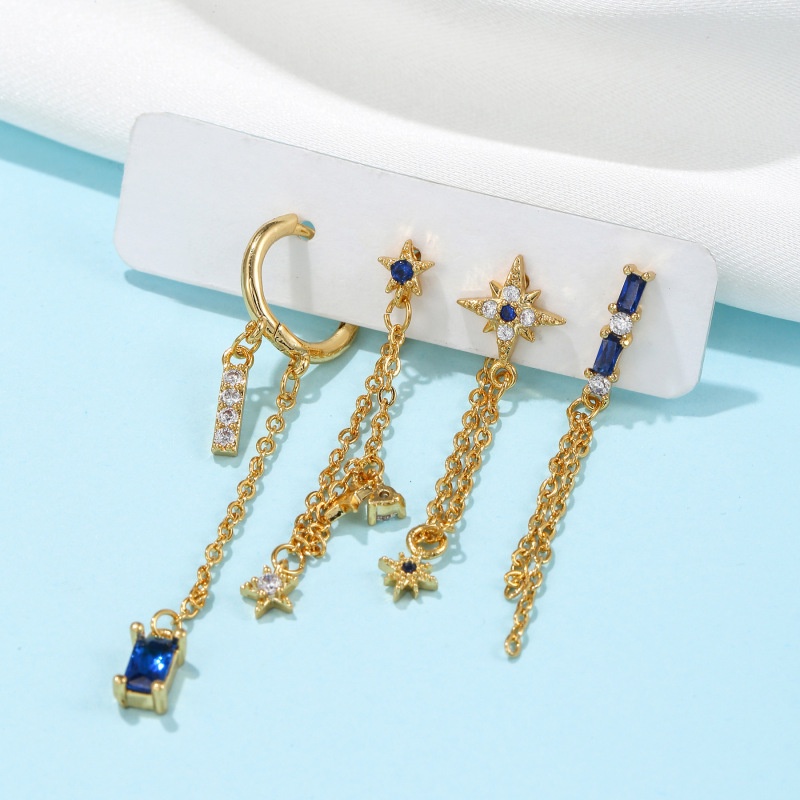 4pcs/set Biru Tua Kubik CZ Gaya Punk Panjang Rumbai Telinga Stud Temperamen Perempuan Tindik Telinga Elemen Bintang Anting Hadiah