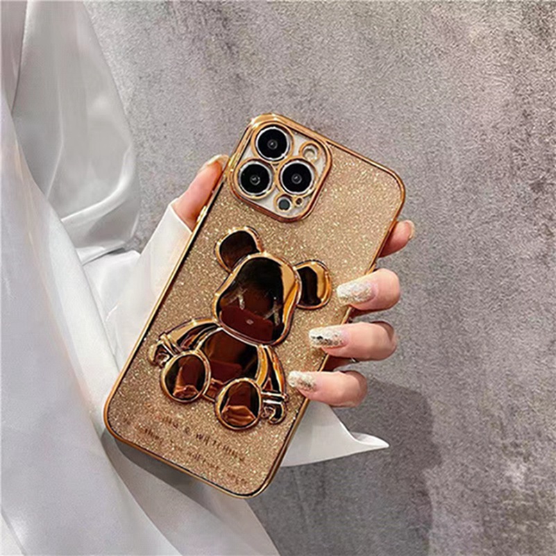 3D Bear Phone Case for iPhone 13 12 11 Pro Max X Xr Xs Max SE 2020 iPhone 8 7 6 6s Plus Luxury Plating Soft Case Silicone Soft TPU Casing All-inclusive Shockproof Protective Cover