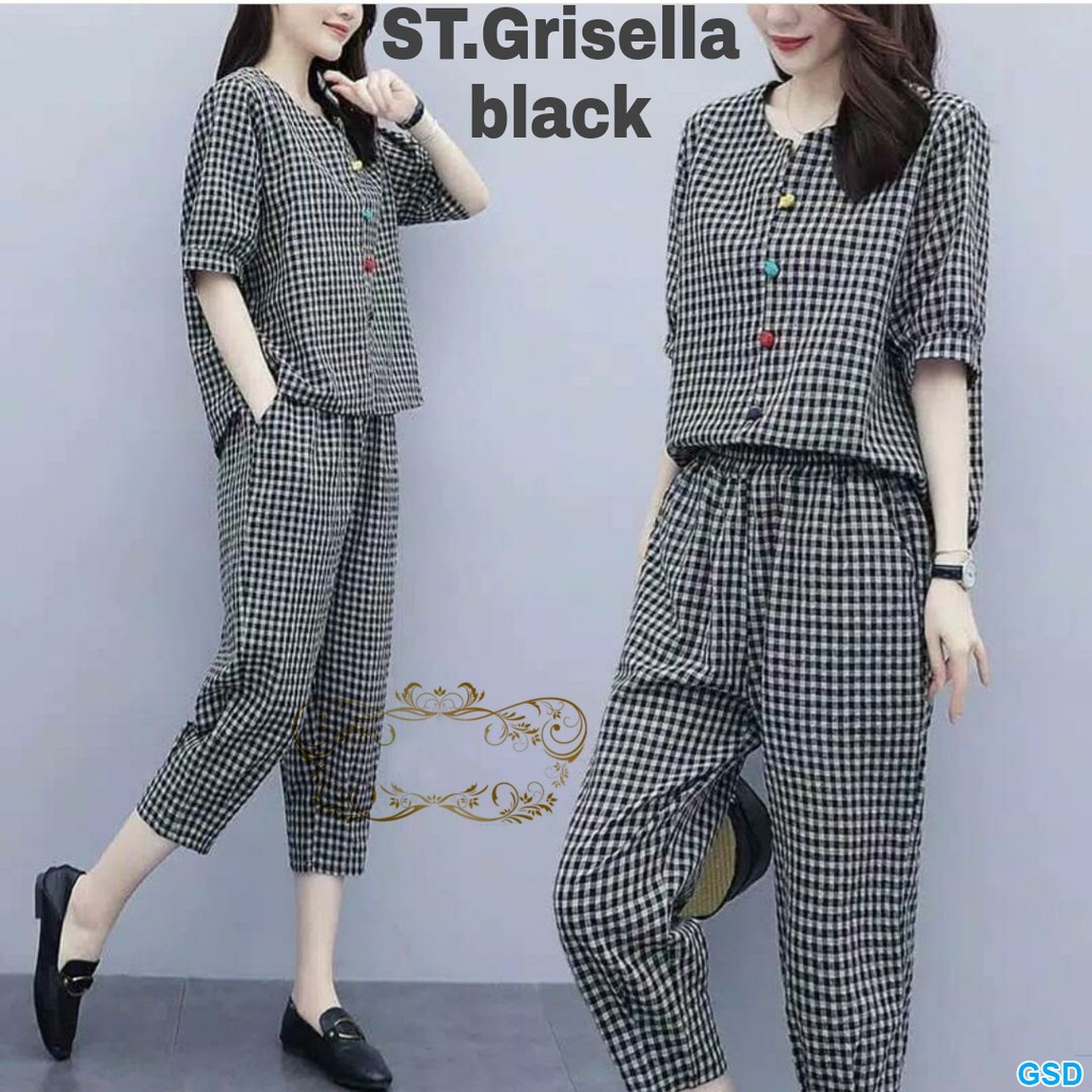 St Grisella/Setelan Baju Wanita Lengan Pendek + Celana Motif Kotak-Kotak Good Quality