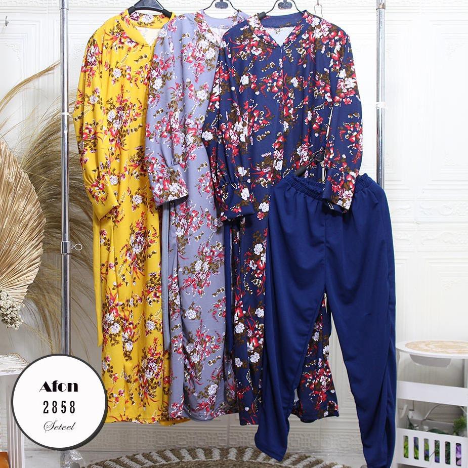 ➱ Setelan Gamis Busui Resleting Motif Bunga Printing Tali Pinggang Voxy Jumbo Afon ❅
