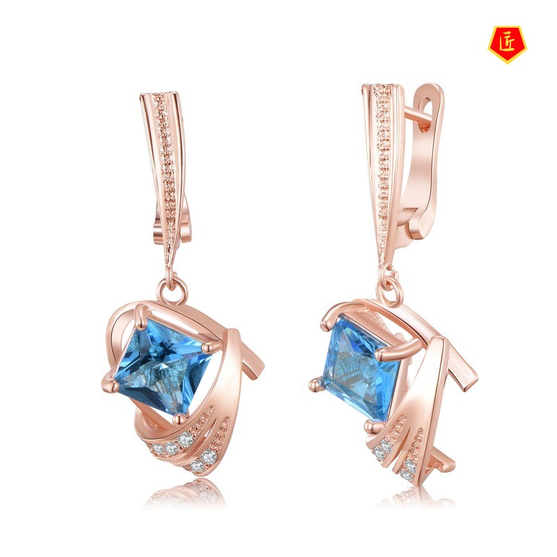 [Ready Stock]Women's Sea Blue Topaz Rose Gold Stud Earrings