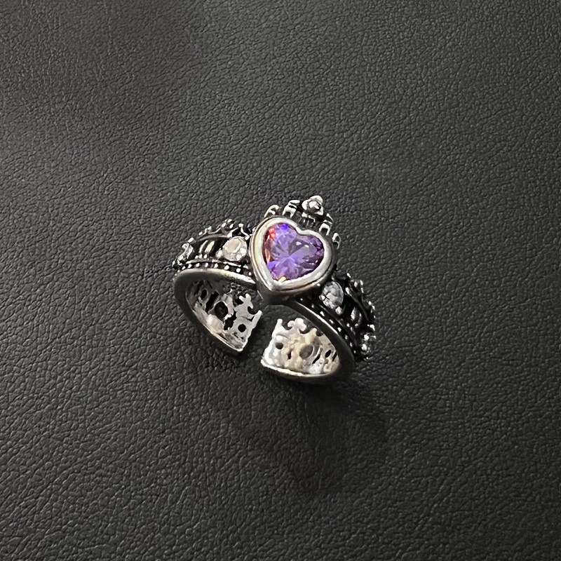 Cincin Model Terbuka Desain Mahkota Hati Bahan Zirkon Warna Silver Gaya Retro Untuk Wanita