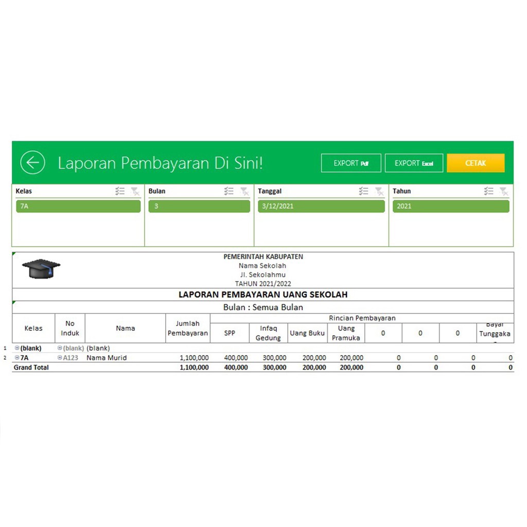 Aplikasi Excel Pembayaran SPP sekolah