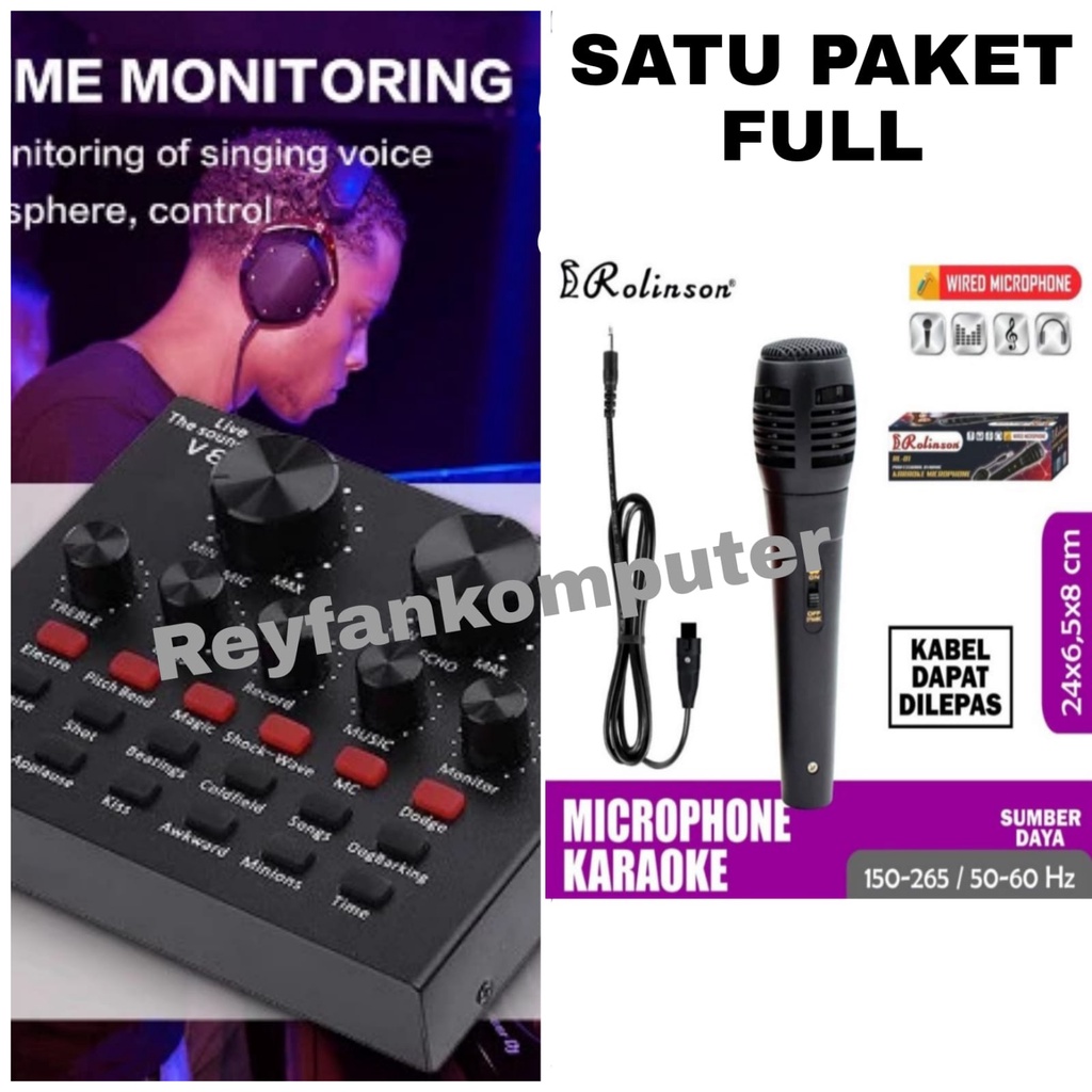 Satu Paket Karaoke Mixer Mini + Mic Rolinson Live Sound Card Suara Bagus