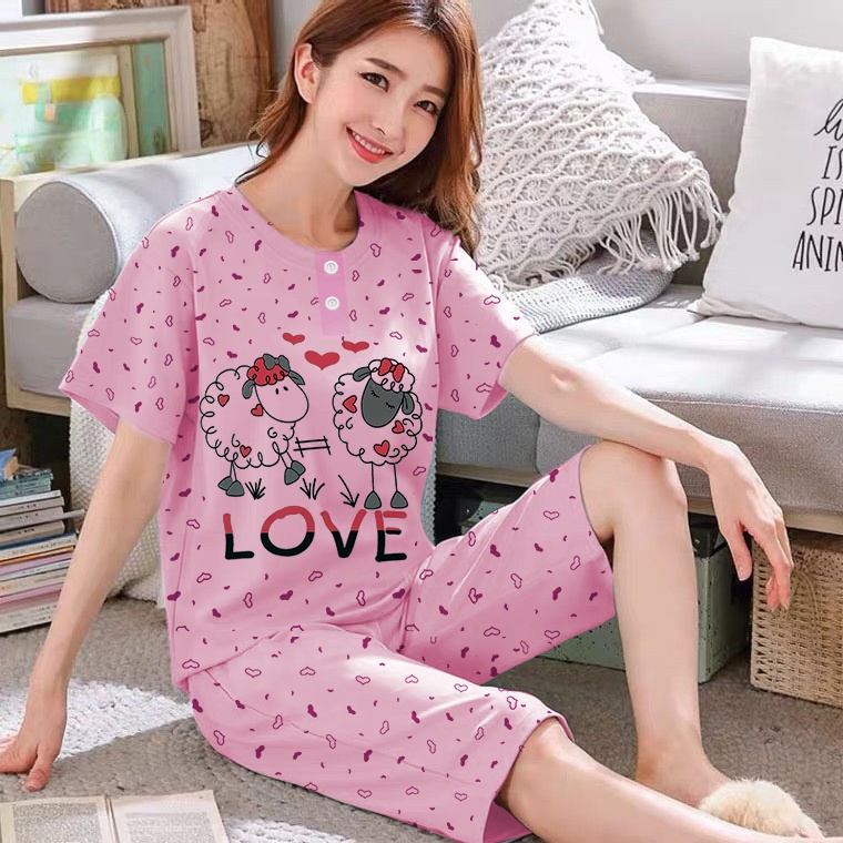 Lilipop.id  Baju Tidur Wanita 3/4 All Size Standar Sheep Setelan Piyama BabyDoll Kaos Celana Pendek