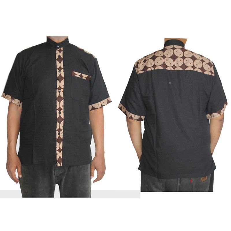 Baju Koko Kombinasi Batik Katun Dobi Hitam Black