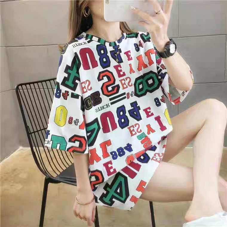 Oversize Tee Tshirt Wanita Model Longgar Motif Angka