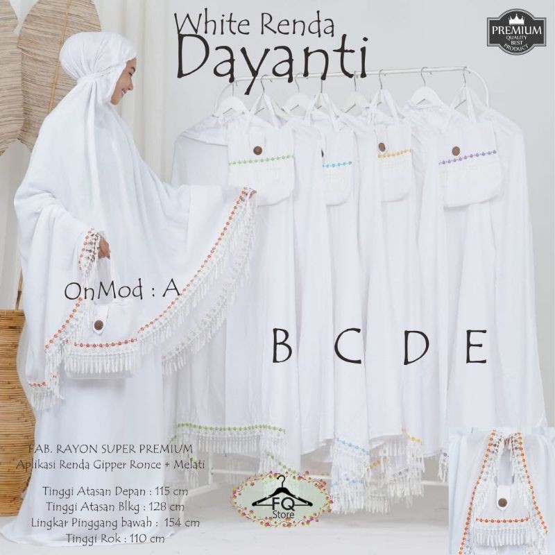 MUKENA DAYANTI PUTIH POLOS RENDA RONCE BALI RAYON SUPER PREMIUM MURAH JUMBO CANTIK ROK TAS FREE