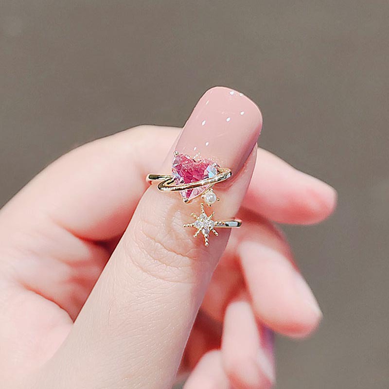 Cincin Model Terbuka Desain Hati Aksen Kristal Warna Pink Untuk Wanita