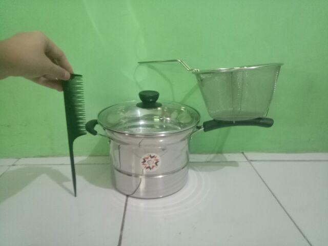 Deep Fryer Pan 3 In 1 Stainless Steel Pot Rebus - Panci Goreng - Wajan Kukus 22 Cm