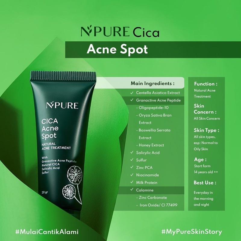 NPURE Cica Acne &amp; Dark Spot Indonesia / Facial Wash Cleanser Face Primer Essence Toner Serum Ampoule Day Night Eye Cream Moisturizer Sunscreen Sheet Clay Mask Masker Clear Pad Soothing Body Lotion / Marigold Centella Asiatica Noni Probiotics Spf Paket Oil