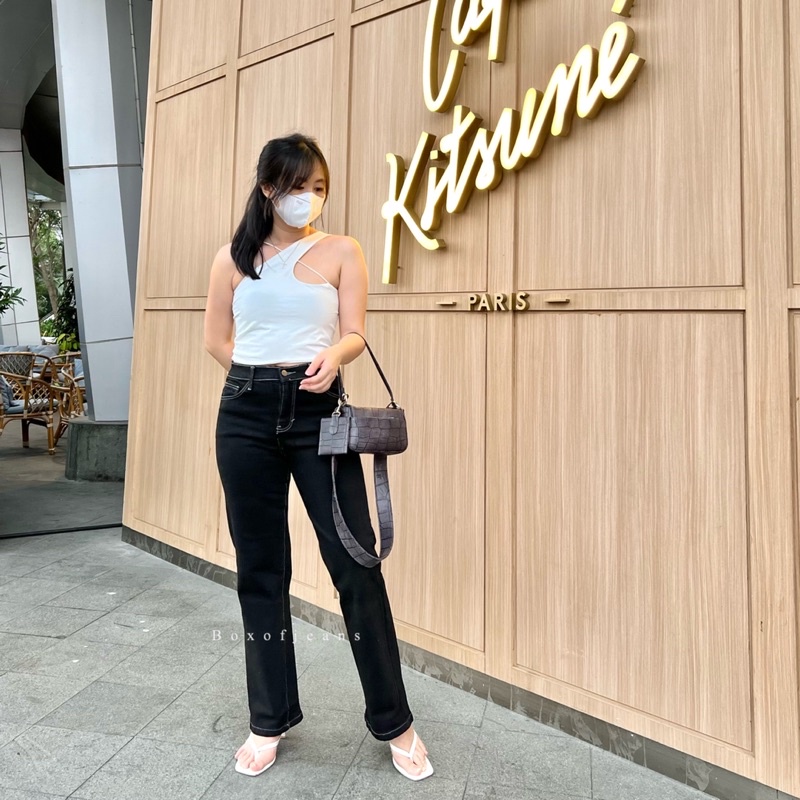 Boxofjeans - MERLYN HW Stretchy Loose Jeans - HITAM LIST PUTIH