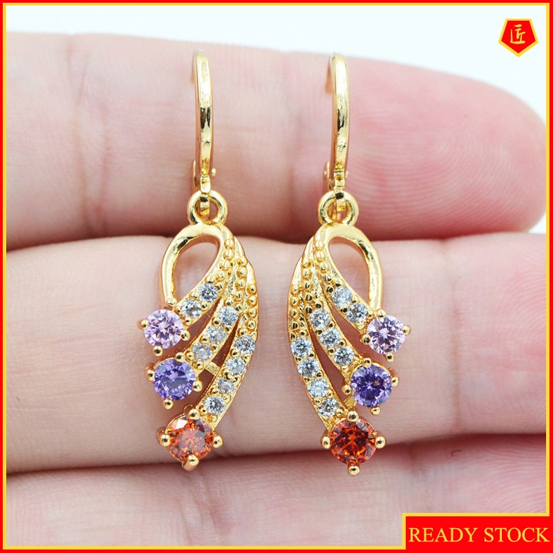 [Ready Stock]Fashion Personality 18K Gold Color Gemstone Wings Earrings