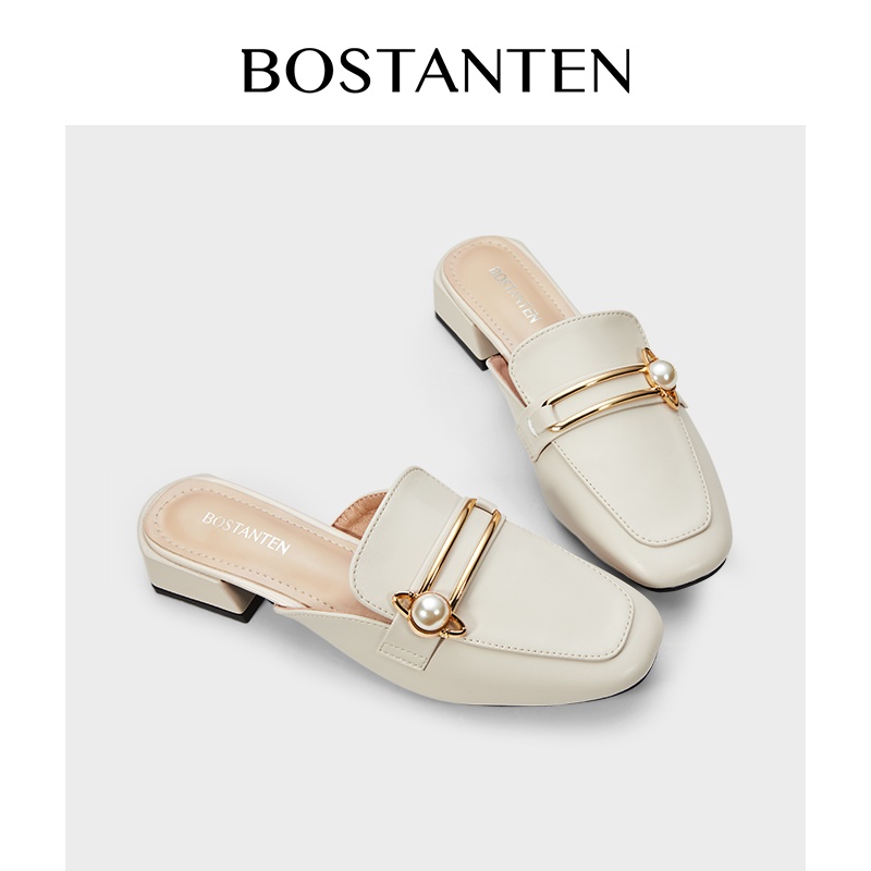 BOSTANTEN Sepatu Hak Tahu Sepatu Mules Flatshoes Heels Sepatu tunggal dengan tumit berat wanita, kepala persegi, sepatu mutiara kecil, sepatu rata