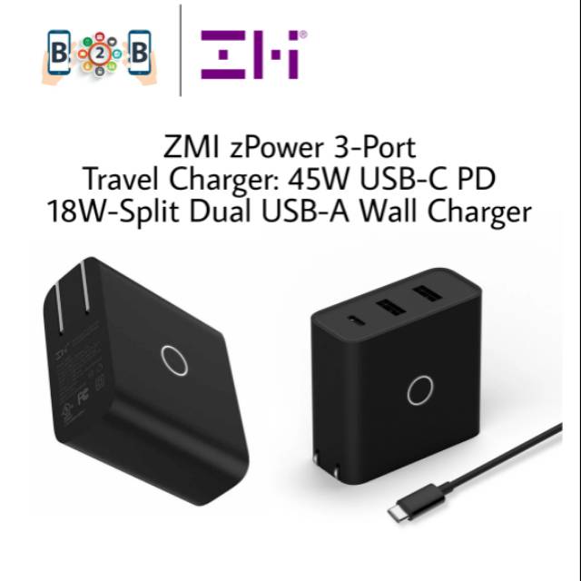 ZMI zPower 3-Port Travel Charger: 45W USB-C PD and 18W-Split Dual USB-A Wall Charger