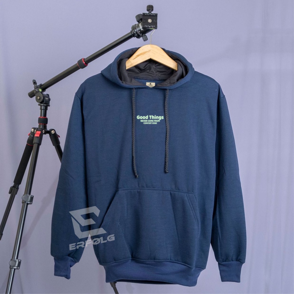 Erfolg Clothing Hoodie Original Pria Wanita Warna Navy Blue Sweater Hudie Cowok Cewek Basic Sablon Good Things Bahan Katun Fleece Tebal Premium Suwiter Oblong Brand Distro Lokal Bandung Couple Pasangan