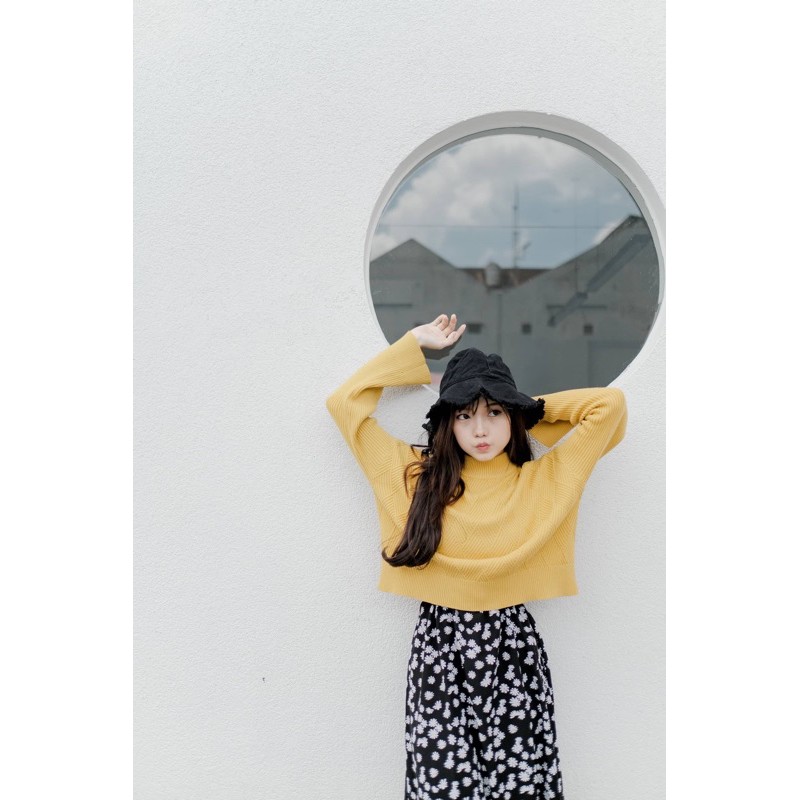 Fwdaily - ANNA ( crop sweater - sweater rajut motif turtleneck )-Sunny